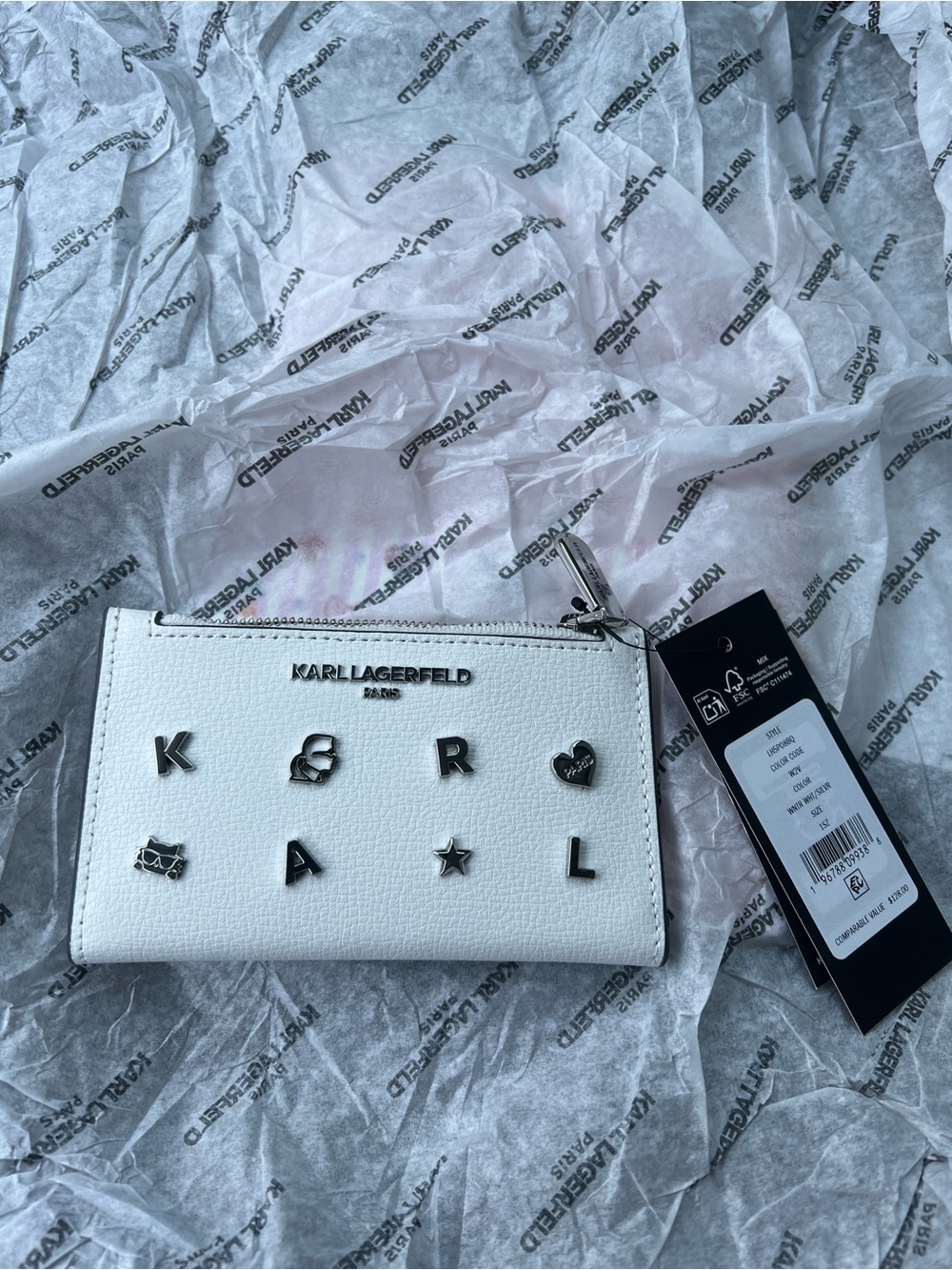 Karl Lagerfeld White Zip Cardholder with Silver Logo Charms